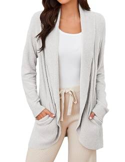 Tapata Strickjacke Damen Lang Elegant Cardigan Leichte Strickjacken Open Front Loungewear Langarm mit Taschen, Hellgrau, XXL von Tapata