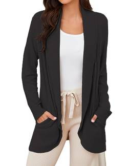 Tapata Strickjacke Damen Lang Elegant Cardigan Leichte Strickjacken Open Front Loungewear Langarm mit Taschen, Schwarz, L von Tapata