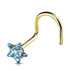 Tapsi´s Coolbodyart® Nasen Piercing Stecker Gebogen 14 K Gold Zirkonia Stern Aqua Blau von Tapsi´s Coolbodyart
