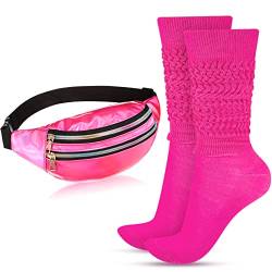 80er Jahre Neon Damen Socken Holographische Bauchtasche Set Lange Schwere Scrunch Socken Hüfttaschen für 80er Jahre Party Kostüm, Rosenrot, rose red, Party von Tarpop