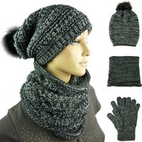 Taschen4life Strickmütze Damen Mütze Schal Handschuhe Tea (Set 3 teilig, mit Schal und Handschuhen) Long-Beanie mit großem Bommel (Synthetik), Loop Rundschal von Taschen4life