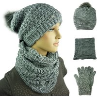 Taschen4life Strickmütze Damen Mütze Schal Handschuhe Tea (Set 3 teilig, mit Schal und Handschuhen) Long-Beanie mit großem Bommel (Synthetik), Loop Rundschal von Taschen4life