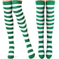 2 Paar gestreifte Damen-Socken, Overknee-hohe blickdichte Strümpfe für Karneval, St. Patrick's Day, Irische Weihnachten - Grün - Einheitsgröße von Tatuo