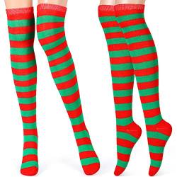 Tatuo 2 Paar Frauen Lange Gestreifte Socken über Kniehohe Undurchsichtige Strümpfe für Weihnachten (Roter und Grüner Streifen) von Tatuo
