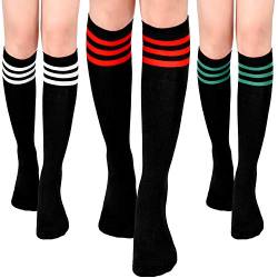 Tatuo 3 Paar Klassische Socken mit Drei Streifenn Damen Kniestrümpfe Schlauchstrümpfe, 3 Farben (Schwarz mit Rotem Streifen, Schwarz mit Grünem Streifen, Schwarz mit Weißem Streifen) von Tatuo