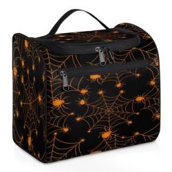 Make-up-Tasche für Damen, Motiv: Halloween-Totenköpfe, Fledermaus, Kürbisse, große Kapazität, tragbare Reise-Kosmetiktasche, wasserdicht, doppelte Reißverschlüsse, Make-up-Tasche mit Haken zum von Tavisto