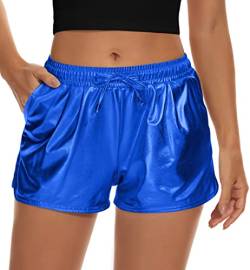 Taydey Damen-Yoga-Hot-Shorts, glänzende metallische Hose mit elastischem Kordelzug (blau, L) von Taydey