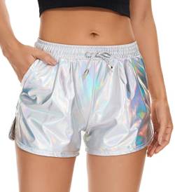 Taydey Damen yoga hot shorts metallisch glänzende hose mit gummizug mittel Mehrfargroß silber von Taydey