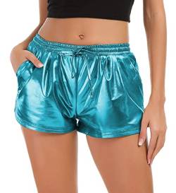 Taydey Metallic-Shorts für Damen, heiß, glitzernd, glänzende Shorts mit elastischem Kordelzug, Blaugrün, Blau, Mittel von Taydey