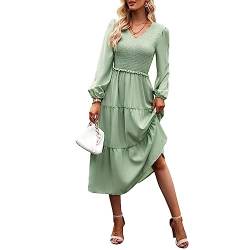 TcIFE Damen Casual Midi Kleid Boho Flattern Langarm Rundhalsausschnitt gesmokte elastische Taille gestufte A-Linie langes Kleid, 2–4 Hellgrün, Small von TcIFE