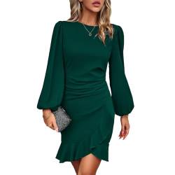 TcIFE Damen Kleid Freizeitkleid Rundhals Langarm Bodycon Rüschenkleid Kurz Enges Mini Kleider Klassic Casualkleid Elegant Frauen, Grün, M von TcIFE