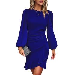 TcIFE Damen Kleid Freizeitkleid Rundhals Langarm Bodycon Rüschenkleid Kurz Enges Mini Kleider Klassic Casualkleid Elegant Frauen, Königsblau, M von TcIFE