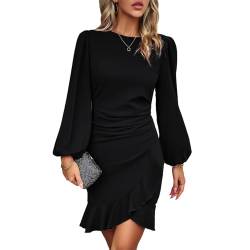 TcIFE Damen Kleid Freizeitkleid Rundhals Langarm Bodycon Rüschenkleid Kurz Enges Mini Kleider Klassic Casualkleid Elegant Frauen, Schwarz, XL von TcIFE