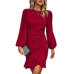 TcIFE Damen Kleid Freizeitkleid Rundhals Langarm Bodycon Rüschenkleid Kurz Enges Mini Kleider Klassic Casualkleid Elegant Frauen, Wein, M von TcIFE