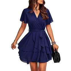 TcIFE Damen Kleid Kurzarm Tiefer V-Ausschnitt Hohe Taille Krawatte Rüschen Layer Mini Swing Skater Freizeit Sommer Kleider, Marineblau, L von TcIFE