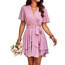 TcIFE Damen Kleid Kurzarm Tiefer V-Ausschnitt Hohe Taille Krawatte Rüschen Layer Mini Swing Skater Freizeit Sommer Kleider, Rosa, L von TcIFE