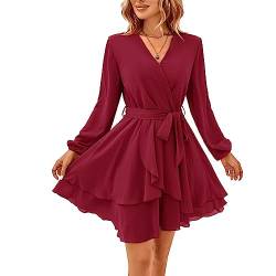 TcIFE Damen Kurz Kleid Langarm Casual V-Ausschnitt Tunika Kleider Einfarbig Rüschen Minikleid Swing Skater Hohe Taille Wickelkleid Chiffon, Weinrot, L von TcIFE