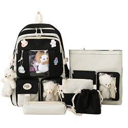 Tdbest Kawaii Rucksack mit Niedlich Anhänger Zubehör 5 Teiliges Set, Große Harajuku Segeltuch Schulranzen,Trendy Schultasche College Reise Dame Abzeichen Rucksack Schüler Büchertasche von Tdbest