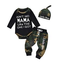 Tearfuty Neugeborenes Baby Junge Kleidung Lange Ärmel Strampler Camouflage Lange Hose + Mütze Outfits 3er Set Schwarz（0 Monate） von Tearfuty