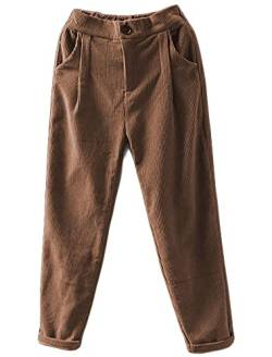 Tebreux Damen Baumwoll Harem Cordhose Elastische Taille Tapered Hosen Corduroy Einfarbig Freizeithosen Braun XL von Tebreux