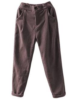 Tebreux Damen Baumwoll Harem Cordhose Elastische Taille Tapered Hosen Corduroy Einfarbig Freizeithosen Kaffee XXL von Tebreux