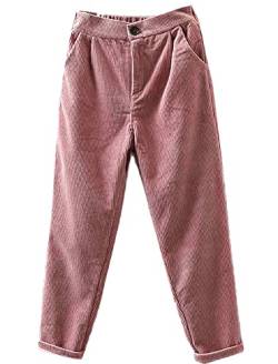 Tebreux Damen Baumwoll Harem Cordhose Elastische Taille Tapered Hosen Corduroy Einfarbig Freizeithosen Rosa XL von Tebreux