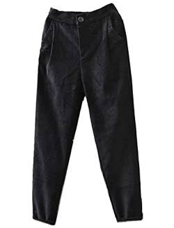 Tebreux Damen Baumwoll Harem Cordhose Elastische Taille Tapered Hosen Corduroy Einfarbig Freizeithosen Schwarz M von Tebreux