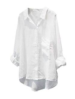 Tebreux Damen Blusen Langarmshirts V-Ausschnitt Langarm Baumwolle Leinen Hemd Einfarbig Oberteile Weiß Medium von Tebreux