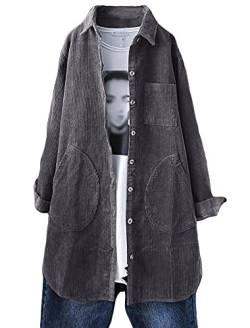 Tebreux Damen Cord Hemd Jacke Revers Übergangsjacke Langarm Knöpfen Bluse Locker Mäntel mit Taschen Dunkelgrau XL von Tebreux