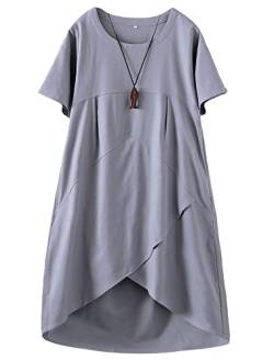 Tebreux Damen Midi Kleid Sommer Kurzarm Baumwolle A-Linie Leinenkleider Boho Lang Sommerkleider mit Taschen Grau L von Tebreux