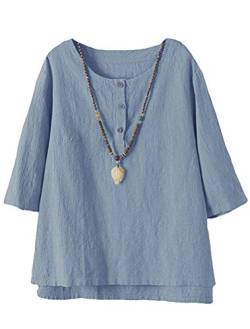 Tebreux Damen T-Shirt Tunika Sommer Baumwolle Leinen 3/4 Ärmel Bluse Oversize Oberteile Tops Blau X-Large von Tebreux