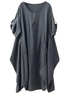 Tebreux Damen Tunika Kleid Sommer Baumwolle Leinen T-Shirt Midi Kleider Boho Lang Sommerkleider Armeegrün Medium von Tebreux