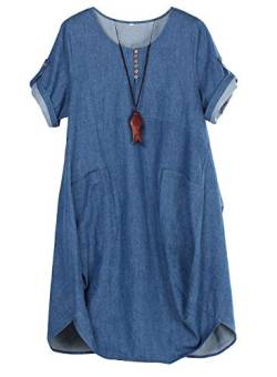 Tebreux Damen Tunika Kleid Sommer Baumwolle Leinen T-Shirt Midi Kleider Boho Lang Sommerkleider Denim Blau Large von Tebreux