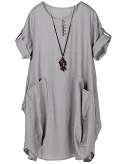 Tebreux Damen Tunika Kleid Sommer Baumwolle Leinen T-Shirt Midi Kleider Boho Lang Sommerkleider Grau Large von Tebreux