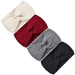 4 Stück Grobstrick Stirnbänder Geflochtene Winter Stirnbänder Ohrenwärmer Häkelkopfwickel für Frauen Mädchen (rot, schwarz, grau, beige) von TecUnite