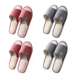 Teceyfeet Unisex Hotelslipper Set, 4 Paar Waschbar Badepantoletten Gästehausschuhe Rutschfeste Hausschuhe offener Zeh Pantoffeln aus Baumwolle und Leinen von Teceyfeet