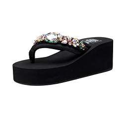 Teceyfeet Zehentrenner Damen Sandalen Slides Rutschfestes Bohemia Sommer Flip Flops Mädchen Sandaletten mit Keilabsatz 6cm, Strand Strasssteine Sandalen Elegant Slipper Mädchen Große Größen von Teceyfeet