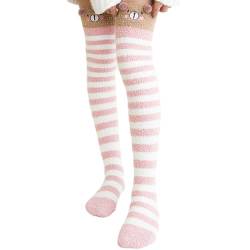 Flauschige Kniestrümpfe,Kniehohe Fuzzy-Socken,Süße Tier-Korallen-Fleece-Oberschenkelhohe lange gestreifte Socken - Stiefelsocken für Damen für Party, Alltag Tedious von Tedious