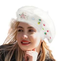 Tedious Damen-Baskenmütze, Weihnachts-Baskenmütze - Haarspangenmütze, warme Mütze - Süße Baskenmütze, Weihnachtsmütze, Weihnachtsmütze, französische Baskenmütze für Damen von Tedious