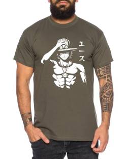 Ace Hat - Herren T-Shirt Straw Hat Luffy Zoro One Monkey D. Pirat Ace Piece Goku Anime Ruffy, Größe:M, Farbe:Khaki von Tee Kiki