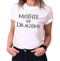 Mother of Dragons - T-Shirt Damen Targaryen Thrones Game of stark Lannister Baratheon Daenerys Khaleesi tv blu-ray DVD, Größe:L, Farbe:Weiß von Tee Kiki