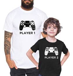 Player 1 2 - Partner - T-Shirt Vater Sohn Papa Kind Baby Strampler Body Partnerlook, Größe:152-164, T-Shirts:Kinder T-Shirt Weiß von Tee Kiki