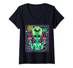 Damen Psychedelic Alien Sci Fi Space Universe Mushrooms T-Shirt mit V-Ausschnitt von Tee Styley