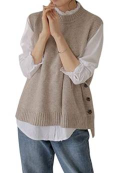 Damen Pullunder Strickweste O-Ausschnitt Ärmelloser Pullover Sweater Unregelmäßig Design Vest Khaki XL von TeeYee