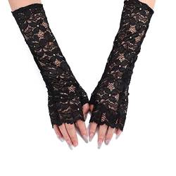 TeeYee Damen Spitze Handschuhen Halb Finger Lang Handschuhen Mesh Spitze Knigge Sommer Handschuhe Blume Pattern für Hochzeit Braut 113schwarz von TeeYee