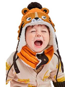 Teechodina Kinder Wintermütze Schal Set Mädchen Strickmütze Babymütze Kinder Mütze Set Baby Mütze Warme Winter Beanie Hut Jungen Runder Schal Set für Kinder 3-8 Jahre, Tiger, 3-6 Jahr von Teechodina