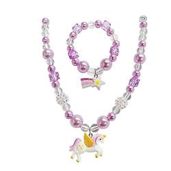 Teegxddy 2-teiliges Kinder-Schmuckset Einhorn Perlenkette und Armband Schmuck Mädchen Halskette Einhorn Armband Set Geschenk Geburtstag Spielzeug von Teegxddy