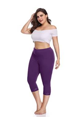 Teemie Damen Capri Leggings 3/4 Sport Sporthose High Waist Kurze Streetwear Yogahose Frauen Hohe Taille Gym Leggings Lässig Spitze Hose Plus Größe Fitness Joggen Trainingshose Violett von Teemie