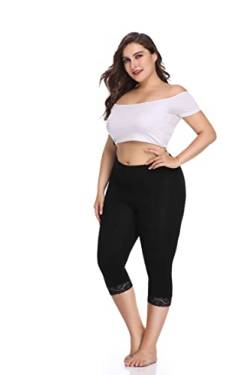 Teemie Damen Capri Leggings 3/5 Sport Sporthose High Waist Kurze Streetwear Yogahose Frauen Hohe Taille Gym Leggings Lässig Spitze Hose Plus Größe Fitness Joggen Trainingshose Schwarz von Teemie