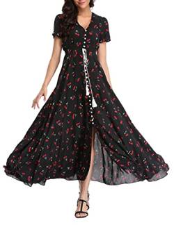 Teemie Damen Kleid Kurzarm Maxikleid Sommerkleid Boho Lang Kleider V Ausschnitt Strandkleid Sommer Casual Hübsche Blumenkleid Beachkleid Flowy Split Kleid mit Gürtel Holidy von Teemie